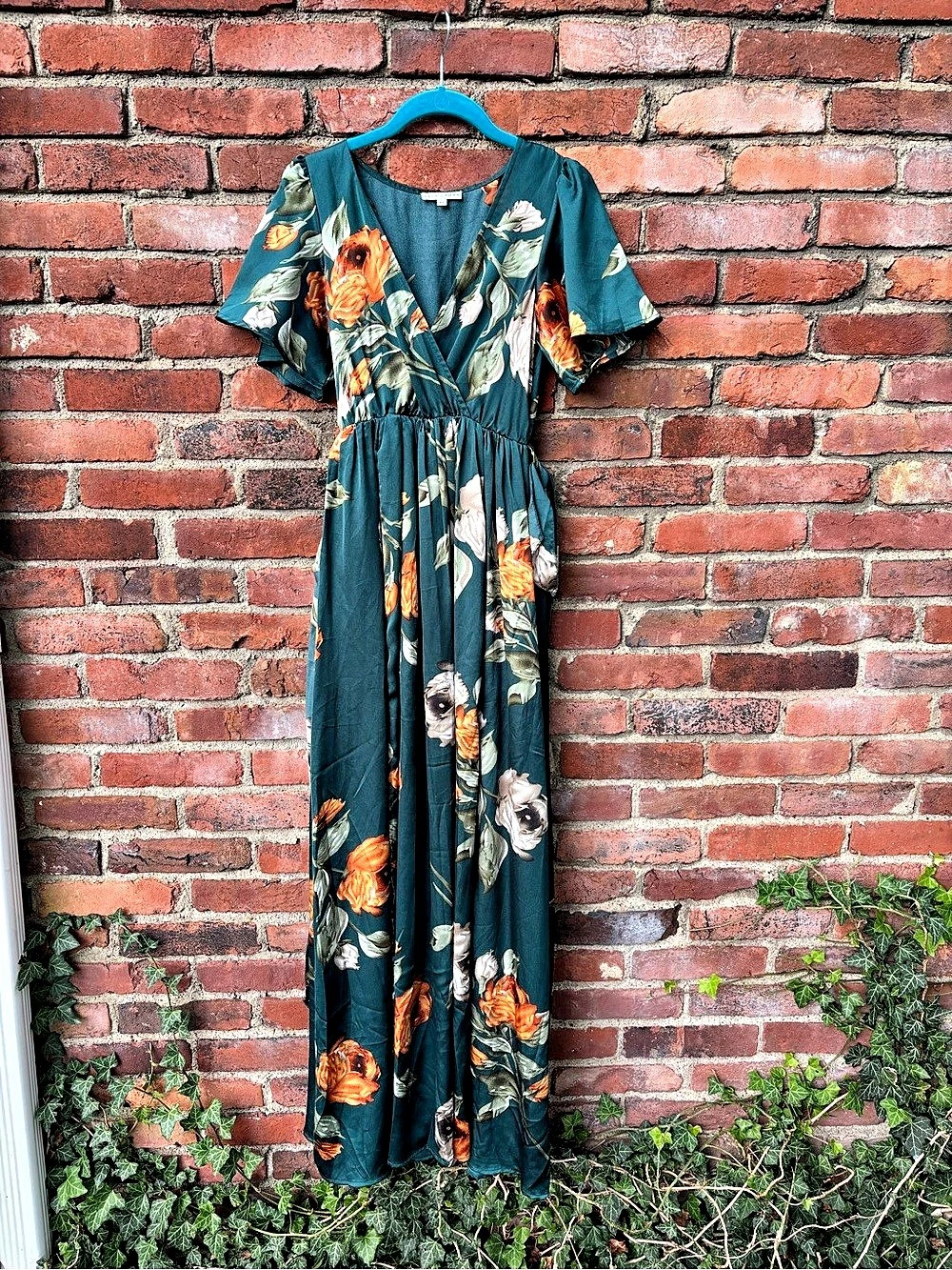 Floral Maxi Dress in Emerald & Orange Rust Size XS